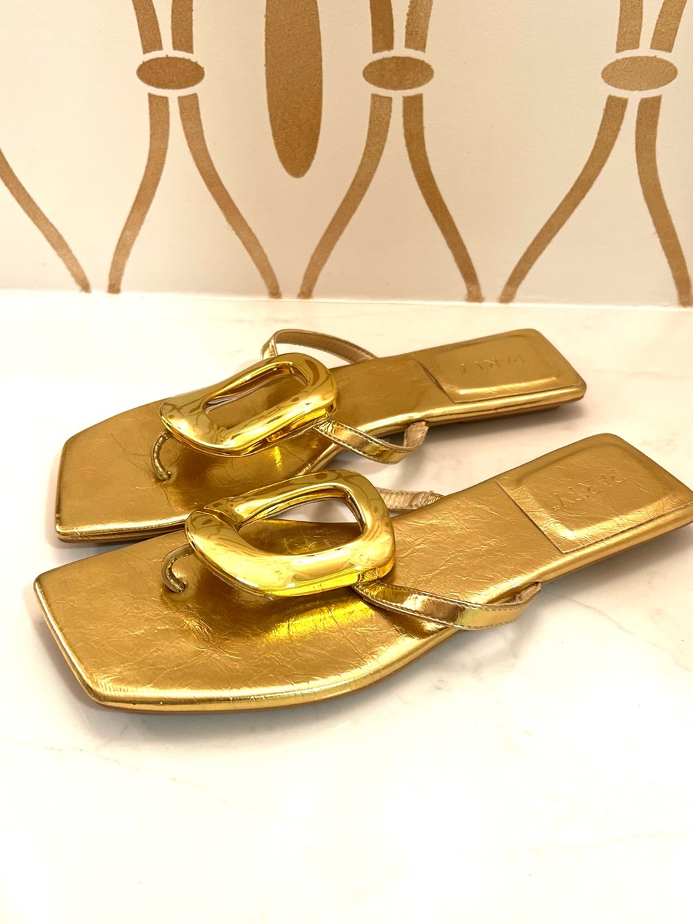 Gold Metallic Square-Toe Slide Sandals - Picture 3 of 6